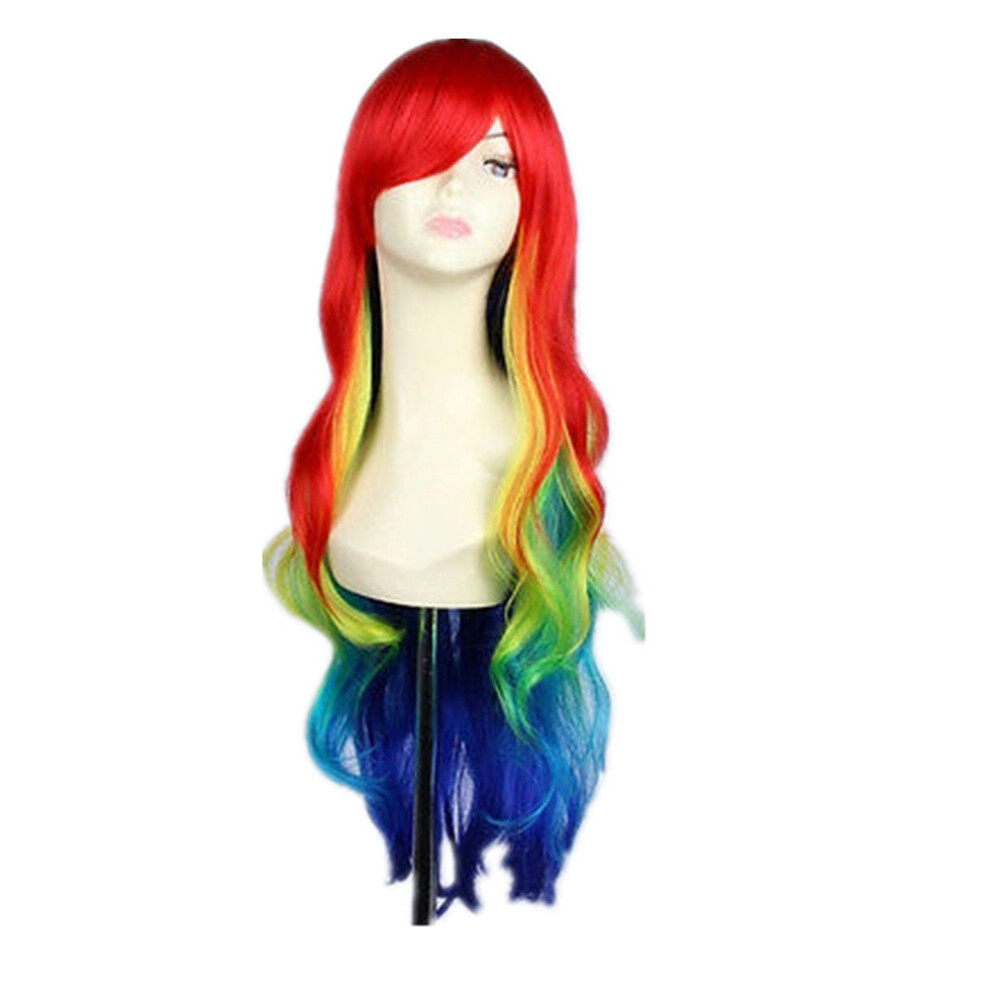 Unisex 32Inch Multi Color Ombre Rainbow Wig Long Curly Wig Lolita With Bang