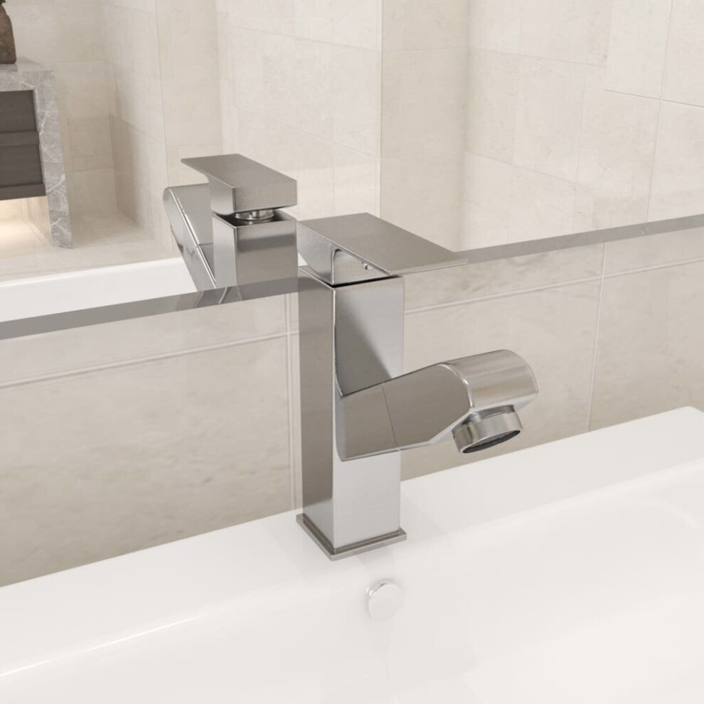 vidaXL Bathroom Basin Faucet with Pull-out Function Silver Sink Washbasin Tap