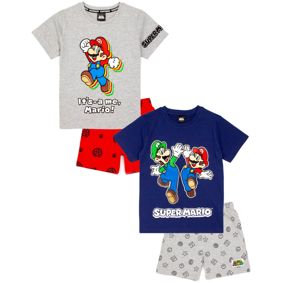 (Blue, 7-8 Years) Super Mario Pyjamas Boys Shorts | Nintendo Kids Blue OR Red Short PJs | Luigi Mario T Shirt & Bottoms Nightwear Game Merchandise