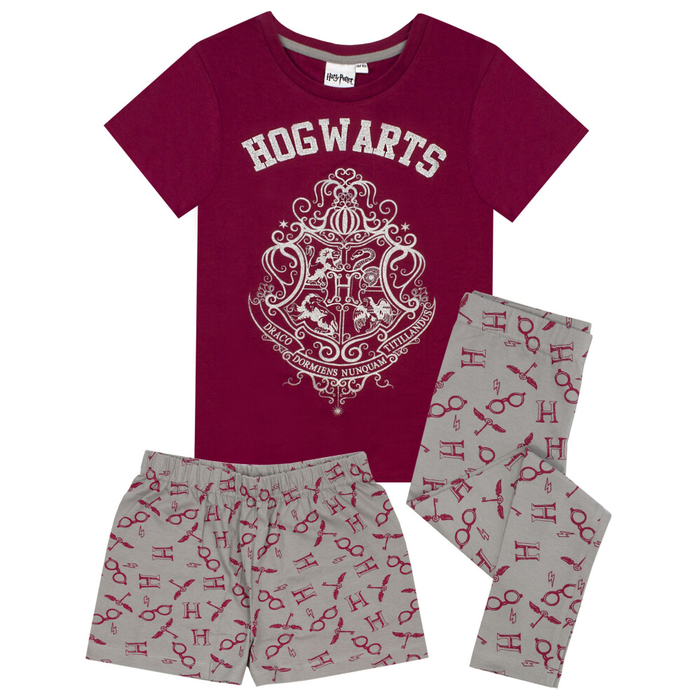 (Long Leg, 11-12 Years) Harry Potter Pyjamas For Girls | Hogwarts Crest Glitter Print Long OR Short Leg Pyjamas | Magical Merchandise