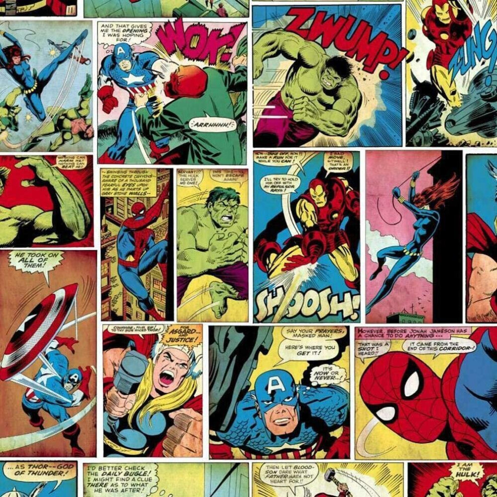 Marvel Avengers Wallpaper Multi Coloured Hulk Thor Ironman Comic Strip Kids Room 159501