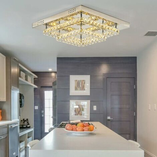 Living And Home (40cm 2 Level-Square, Adjustable) Modern LED Ceiling Light Crystal Flush Chandelier