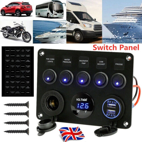5-Gang 24V/12V Inline Fuse Box LED Switch Panel Dual USB