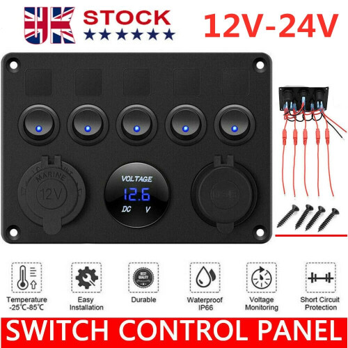 5-Gang 24V/12V Inline Fuse Box LED Switch Panel Dual USB 2