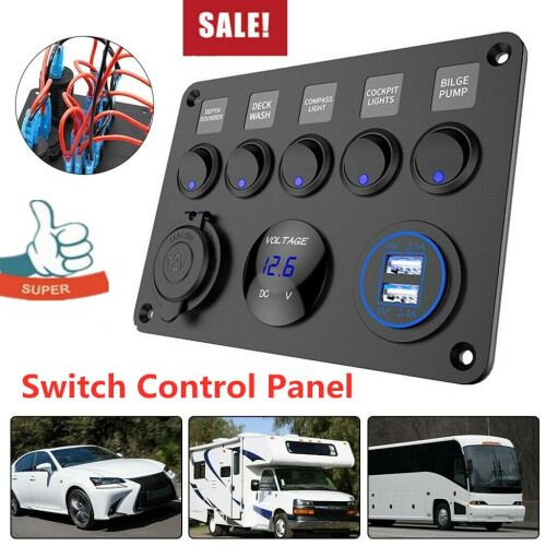 5-Gang 24V/12V Inline Fuse Box LED Switch Panel Dual USB 1