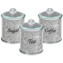 Elegant Silver Crushed Diamond Crystal-Filled Canister Set (3) – Glass Tea, Coffee & Sugar Jars