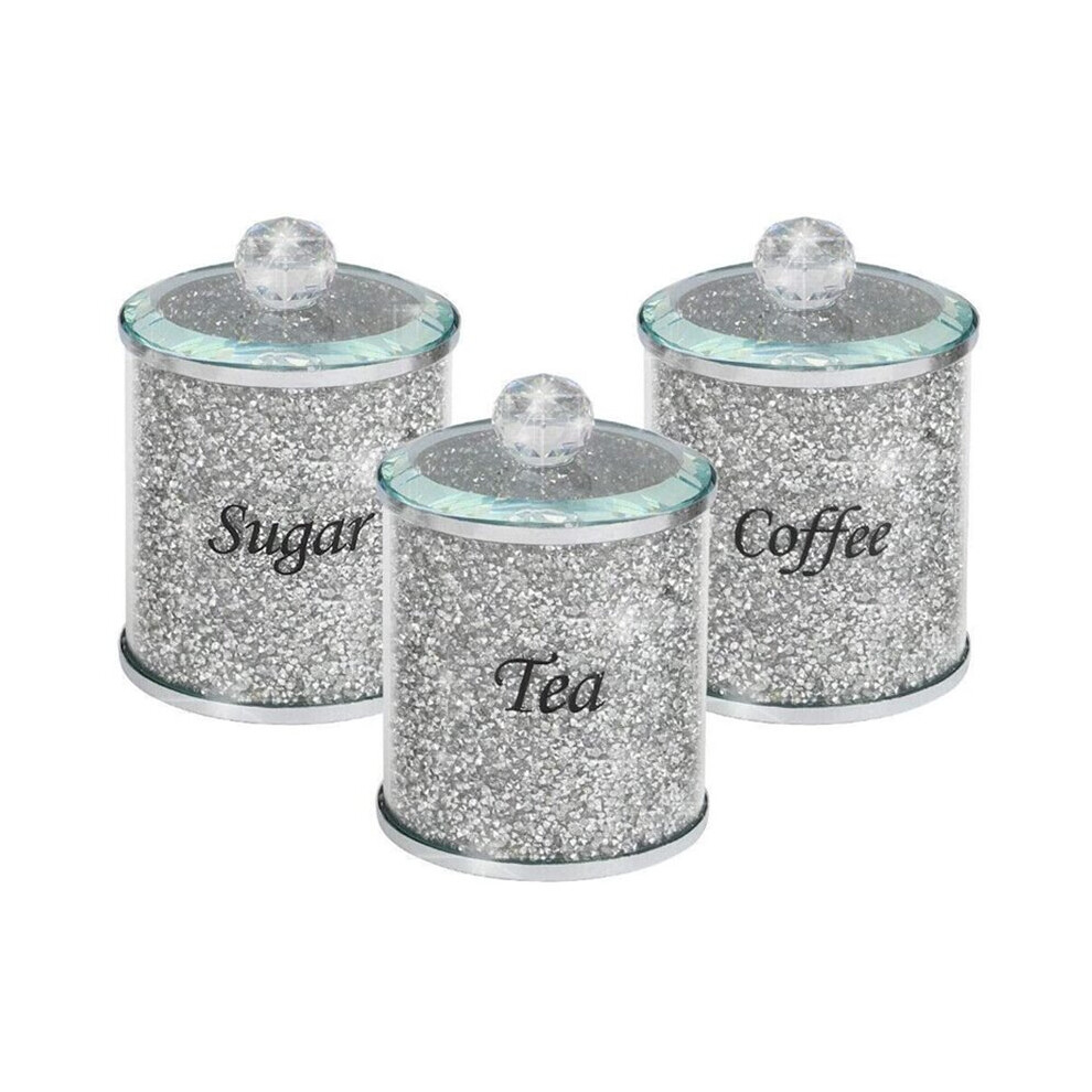 SILVER CRUSHED DIAMOND CRYSTAL FILLED TEA COFFEE SUGAR CANISTERS JARS