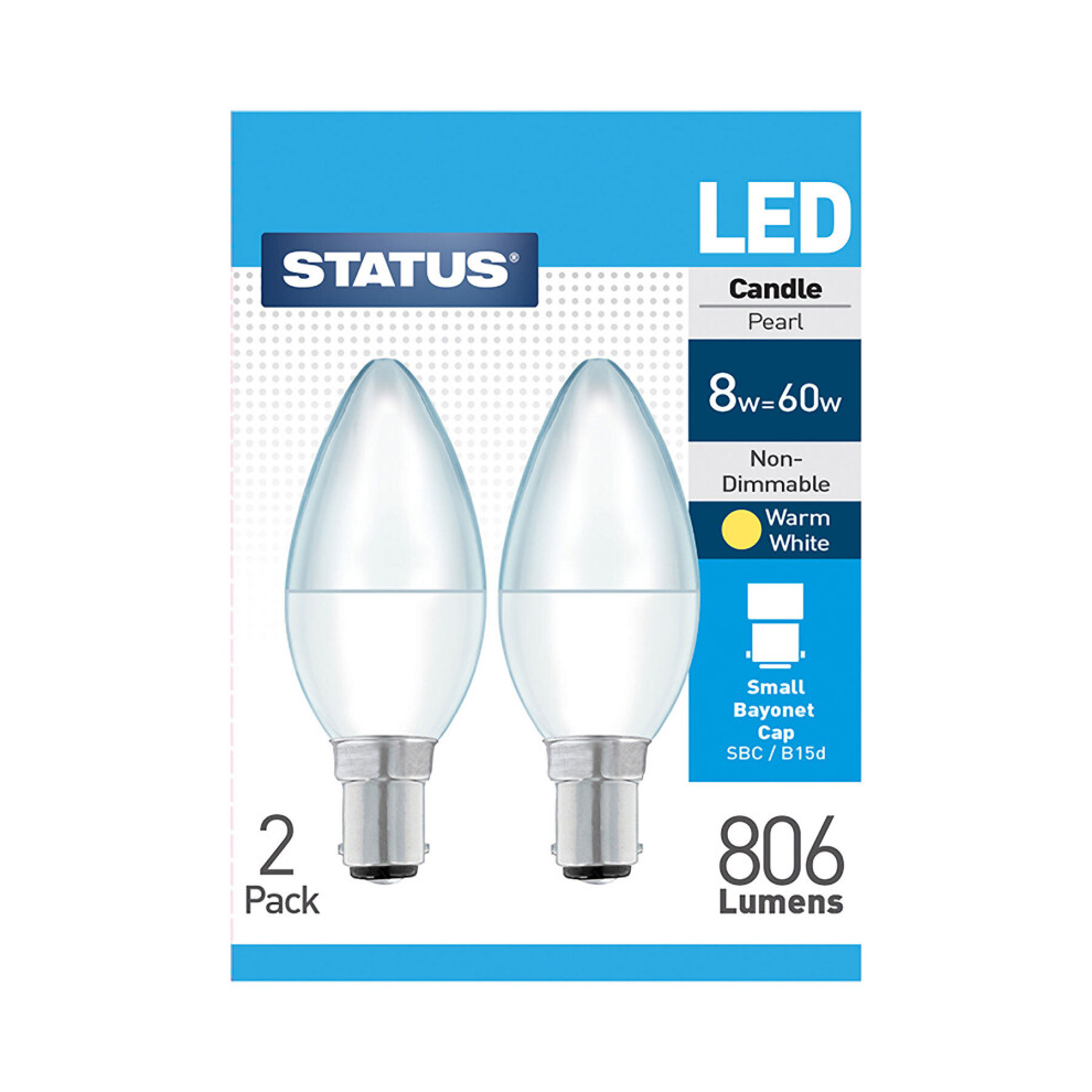 2 x Status 8watt Candle LED SBC B15 Small Bayonet Cap Opal Warm White Equivalent To 60 watt