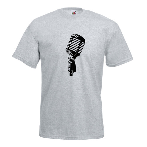 (Heather Grey, L) Retro Microphone Graphic High Quality T-Shirt, Tee, Men's, Unisex