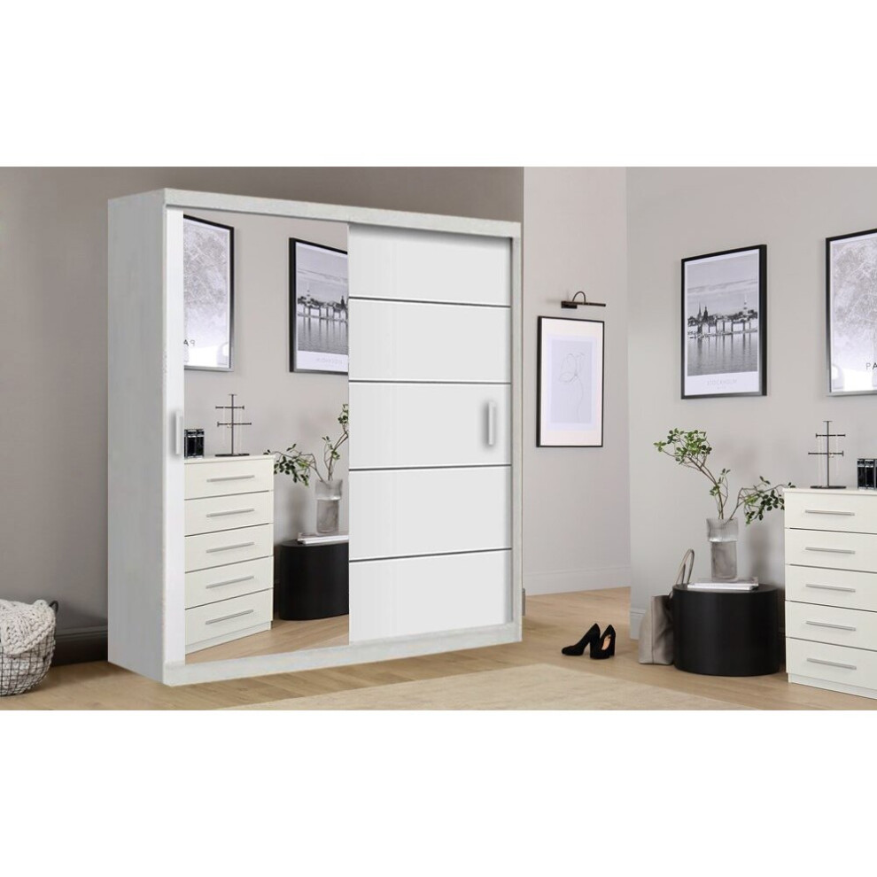 (203 cm, White) LushBird Modern Sliding Wardrobe with LED Light  Space-Saving Bedroom Closet ,Multiple Sizes with Shelves & Hanging Rails  2 or 3 Sliding Doors