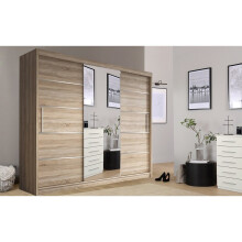 (250 cm, Oak/Sonoma) LushBird Modern Sliding Wardrobe with LED Light  Space-Saving Bedroom Closet ,Multiple Sizes with Shelves & Hanging Rails  2 or 3 Sliding Doors