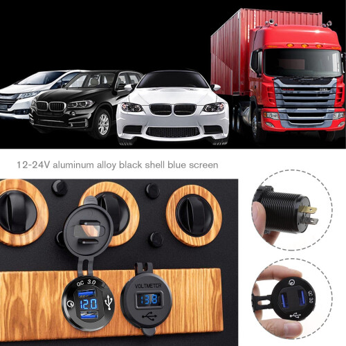 12V 24V Dual QC 3.0 USB Car Charger Socket Voltage Voltmeter w/ Blue LED Light 2