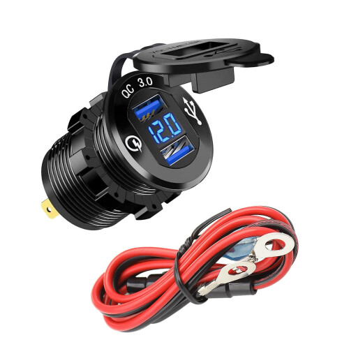 12V 24V Dual QC 3.0 USB Car Charger Socket Voltage Voltmeter w/ Blue LED Light 1