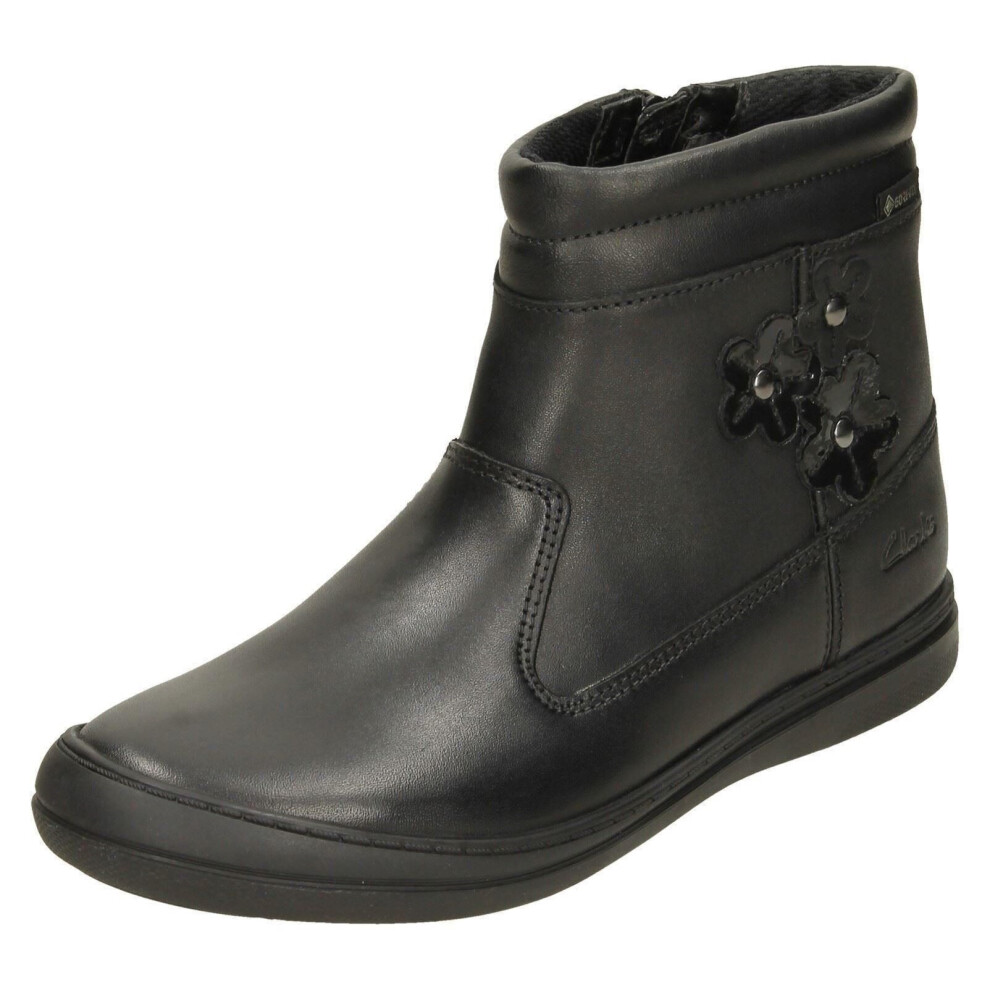 (Black, UK 10.5 Child) Girls Clarks Flower Detailed Ankle Boots ScooterGoGTX