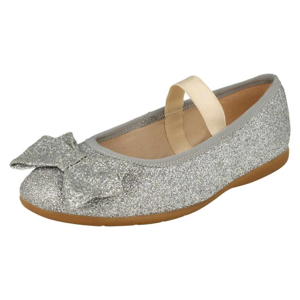 (Silver, UK 12 Child) Girls Clarks Glitter Bow Detailed Shoes Dance Bow K