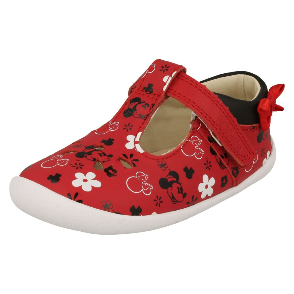 (Red, UK 3 Infant) Girls Clarks Disney Detailed T-Bar Shoes Roamer Bow T - Red Leather - UK Size 2.5F - EU Size 18 - US Size 3M