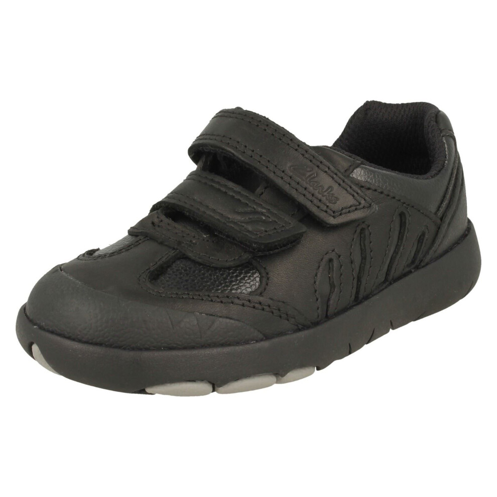 (Black, UK 1 Child) Boys Clarks Dinosaur Detailed School Shoes Rex Stride T - Black Leather - UK Size 7.5E - EU Size 25 - US Size 8N