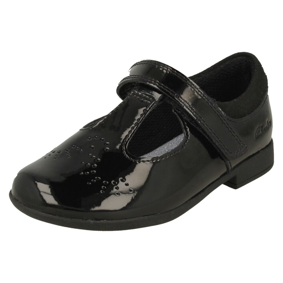(Black, UK 8.5 Child) Girls Clarks Laser Detailed T-Bar Shoes Scala Spirit T
