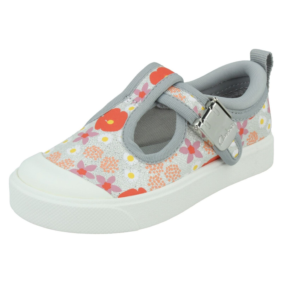 (Silver Floral, UK 5.5 Infant) Girls Clarks Casual T-Bar Shoes City Dance