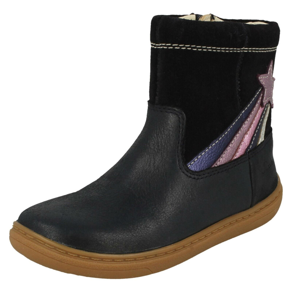 Girls Clarks Shooting Star Detailed Boots Flash Shine T - Navy Leather - UK Size 6F - EU Size 22.5 - US Size 6.5M