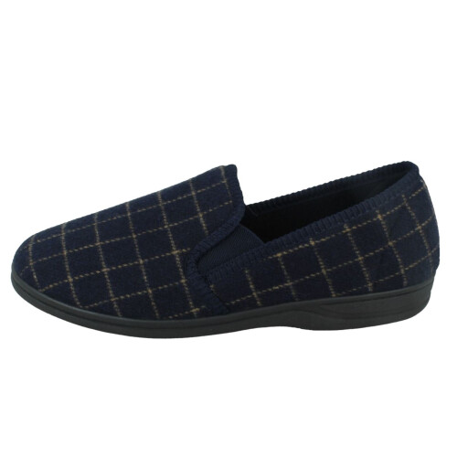 (Navy, UK 9) Mens Spot On Checked Upper Gusset Slipper Jaydon 1