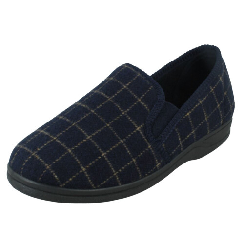 (Navy, UK 9) Mens Spot On Checked Upper Gusset Slipper Jaydon