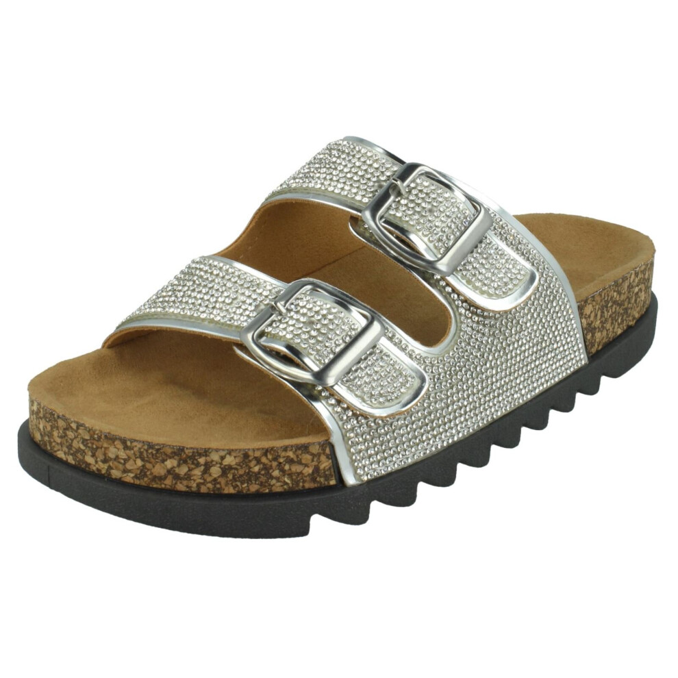 (Silver, UK 6) Ladies Spot On Wide Fit Slider Sandals F12009