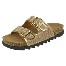 (Gold, UK 8) Ladies Spot On Wide Fit Slider Sandals F12009
