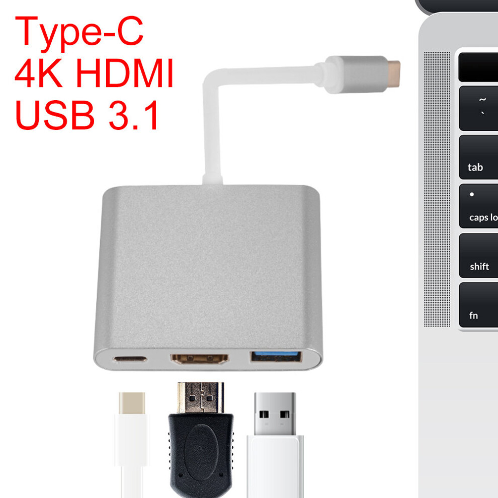 Jardiboutique 3In1 Type-C To Usb 3.0 Hub Hdmi Otg Adapter Cable+Usb-C Charging Port