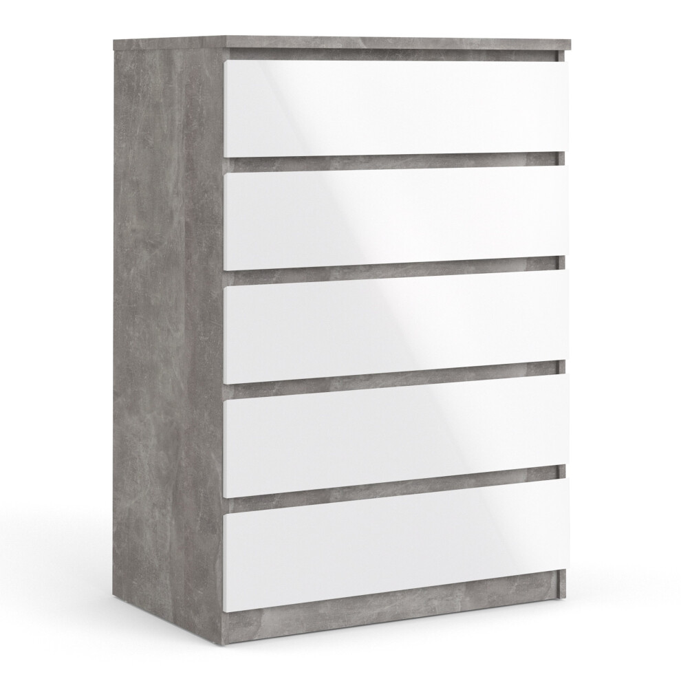 Grey And White High Gloss Naia Chest Of 5 Drawers In Concrete And White High Gloss - Naia