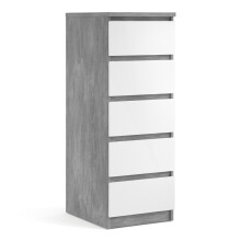 Grey and White High Gloss Naia Narrow Chest of 5 Drawers in Concrete and White High Gloss - Naia