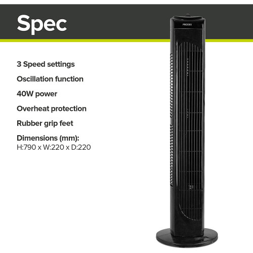 PRODEX Tower Fan, 29 Inch, 3 Speed Settings, Black, Prodex PX5229B 2