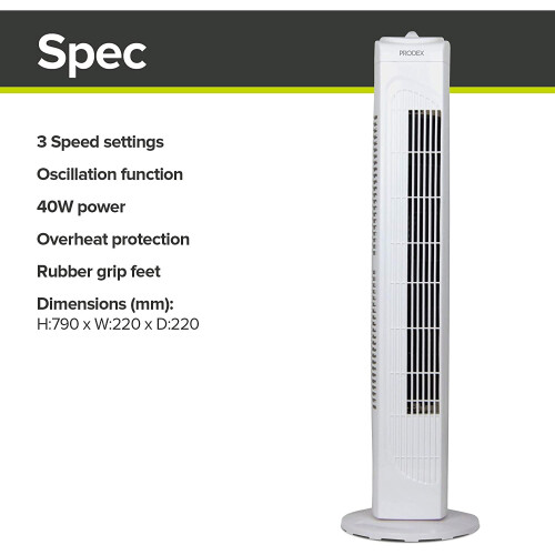 PRODEX Tower Fan, 29 Inch, 3 Speed Settings, White, Prodex PX5229W 2