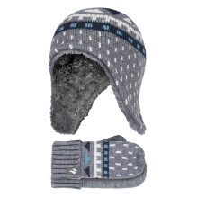 (Pebble Melange) Heat Holders - Boys Outdoor Thermal Faux Fur Bobble Hat & Mittens Set