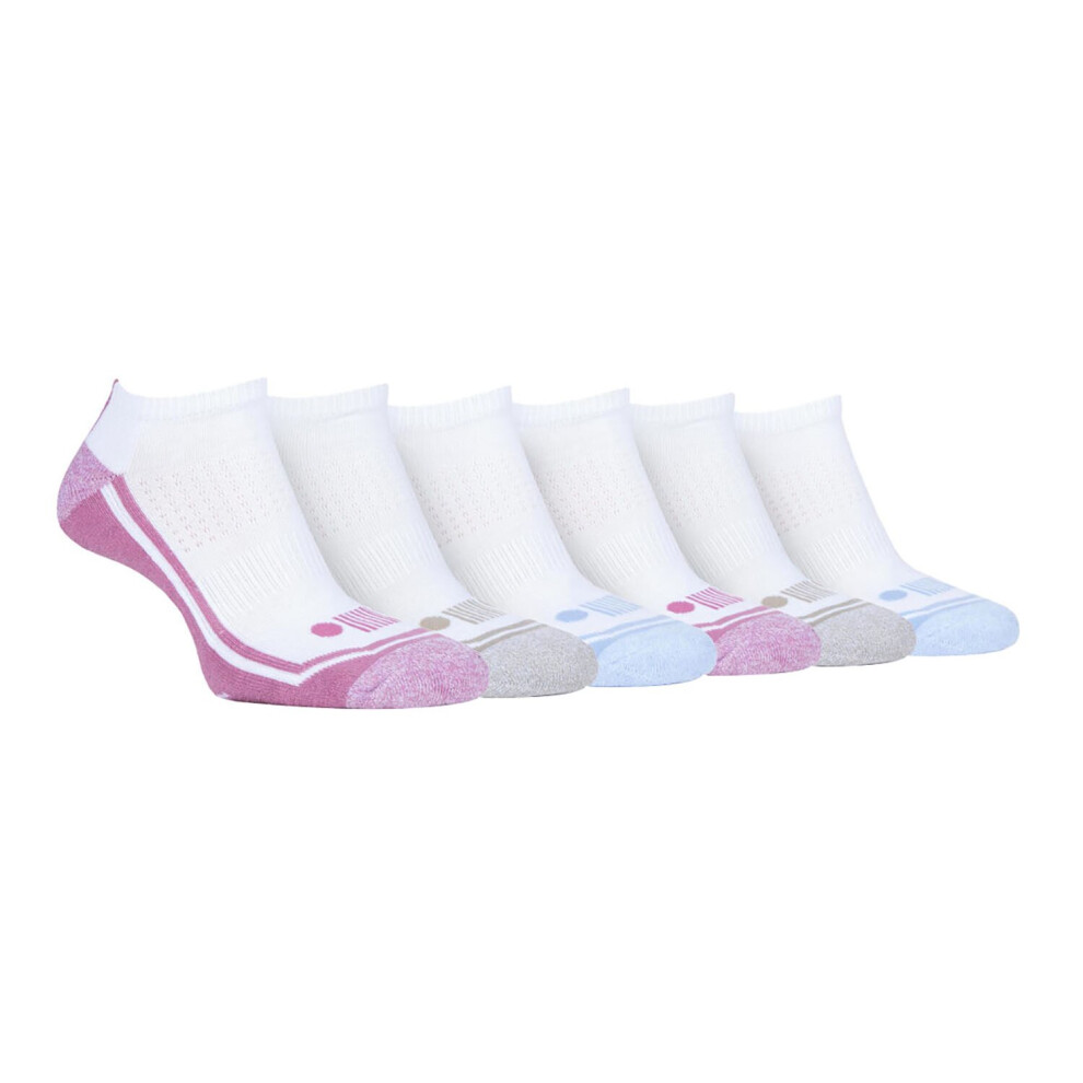 (White / Pink) JEEP - 6 Pairs Ladies Performance Poly Low Ankle Length Trainer Socks