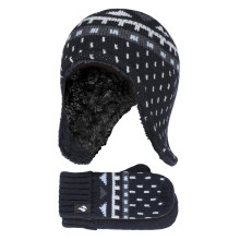 (Black) Heat Holders - Boys Outdoor Thermal Faux Fur Bobble Hat & Mittens Set