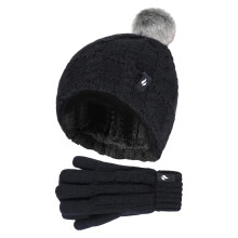 (7-10 Years, Schwarz) Heat Holders - Heat Holders - Mädchen Winter Mütze mit Bommel Pompon und Handschuhe Set