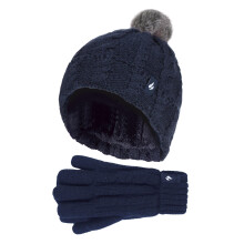 (7-10 Years, Marine) Heat Holders - Heat Holders - Mädchen Winter Mütze mit Bommel Pompon und Handschuhe Set