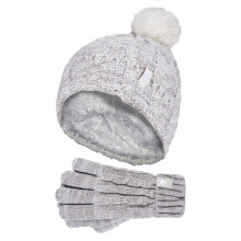 (7-10 Years, Haferflocken-Twist) Heat Holders - Heat Holders - Mädchen Winter Mütze mit Bommel Pompon und Handschuhe Set