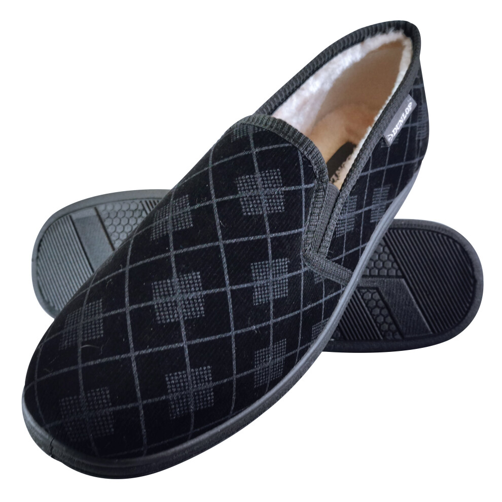 (9, Black) Dunlop - Mens Memory Foam Plaid Checked Moccasin Slippers