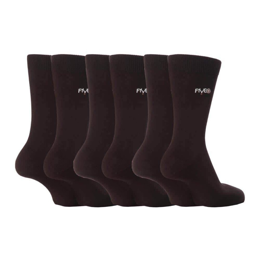 (Brown) FiveG - 6 Pairs Mens Plain & Patterned Fairtrade Cotton Socks