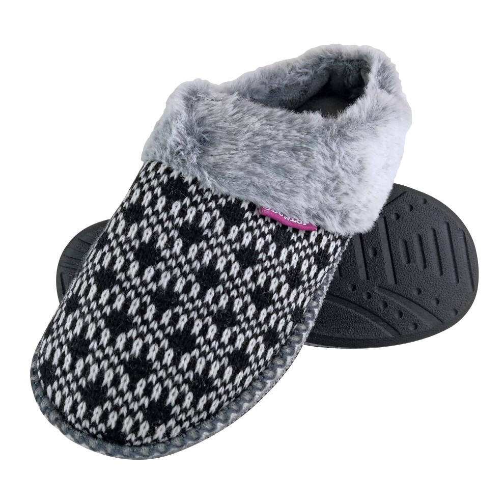 (3, Black) Dunlop - Ladies Cute Cosy Memory Foam Knitted Mule Slippers