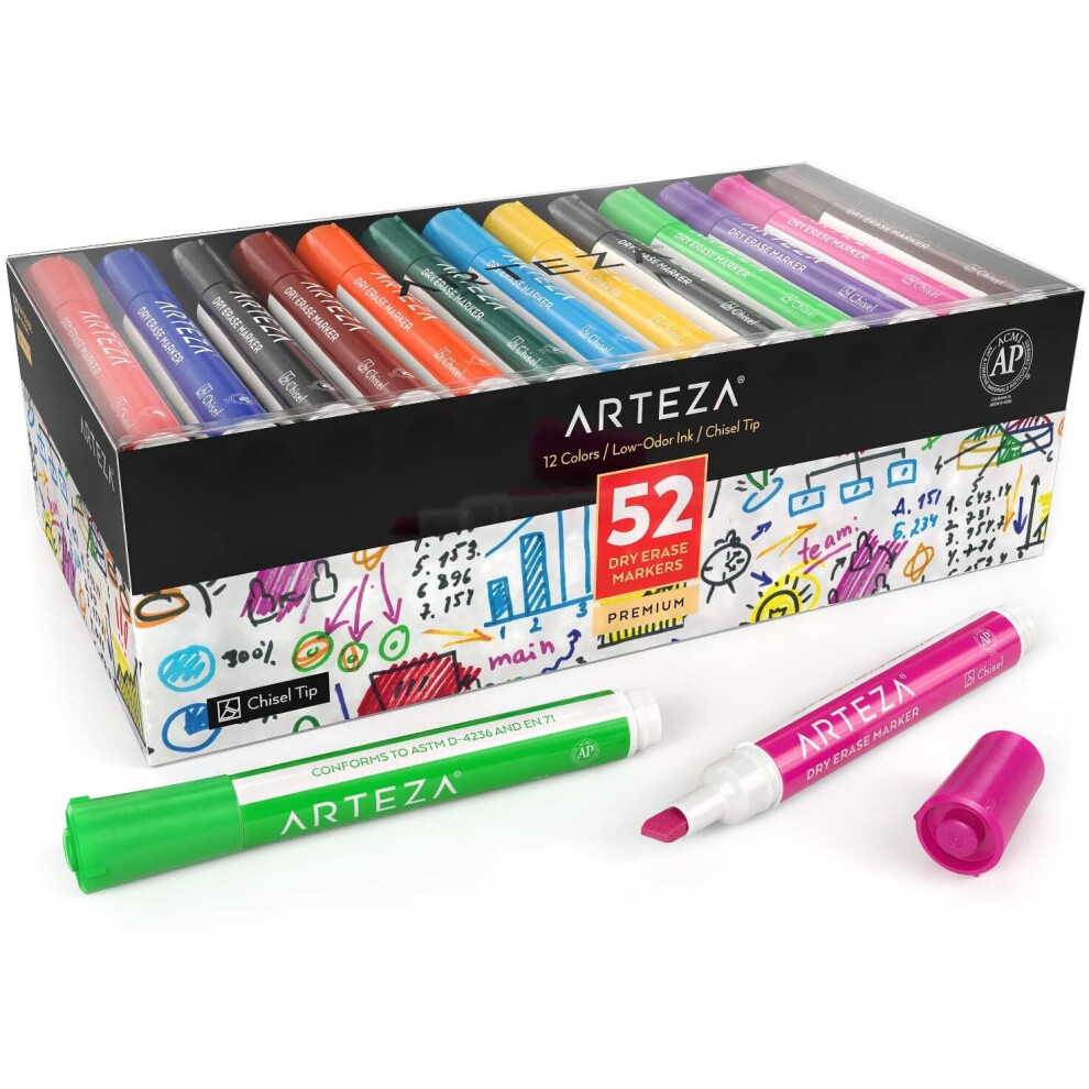 Arteza Whiteboard Pens, Pack of 52 (with Chisel Tip), 12 Assorted Colours with Low-Odour Ink, Dry Erase Marker Set for School,...