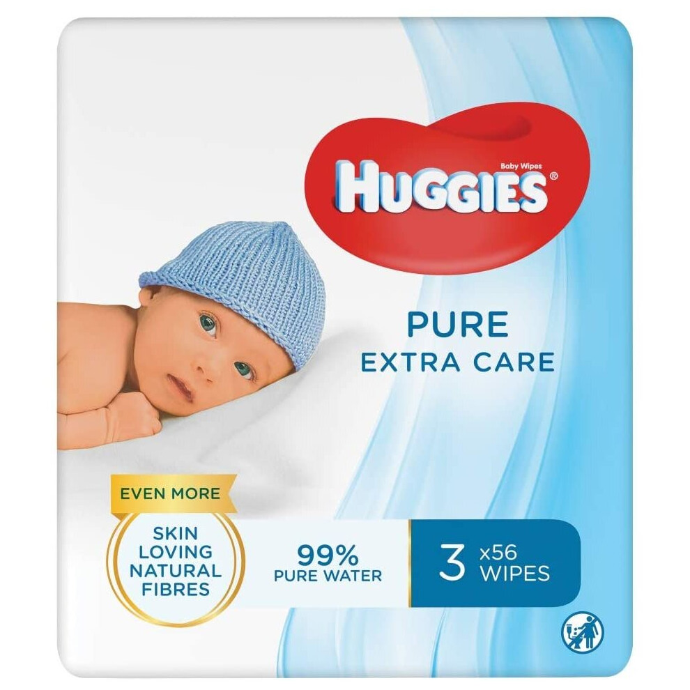 Huggies Pure Extra Care Baby Wipes - 99 Percent Water, Sensitive, Fragrance Free, 3 Packs, 56 Count (168 Wet Wipes Total)