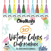 Chalkola Pennarelli a gesso liquido per lavagne, finestre, bistrot, auto, vetri, specchi - 10 colori vintage, punta reversibile da 6 mm, cancella