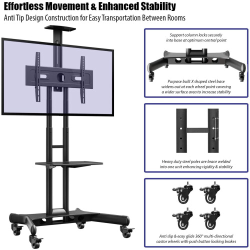 Invision GT1200 Mobile TV Stand on Wheels For 3265 Inch TVs Anti Tip