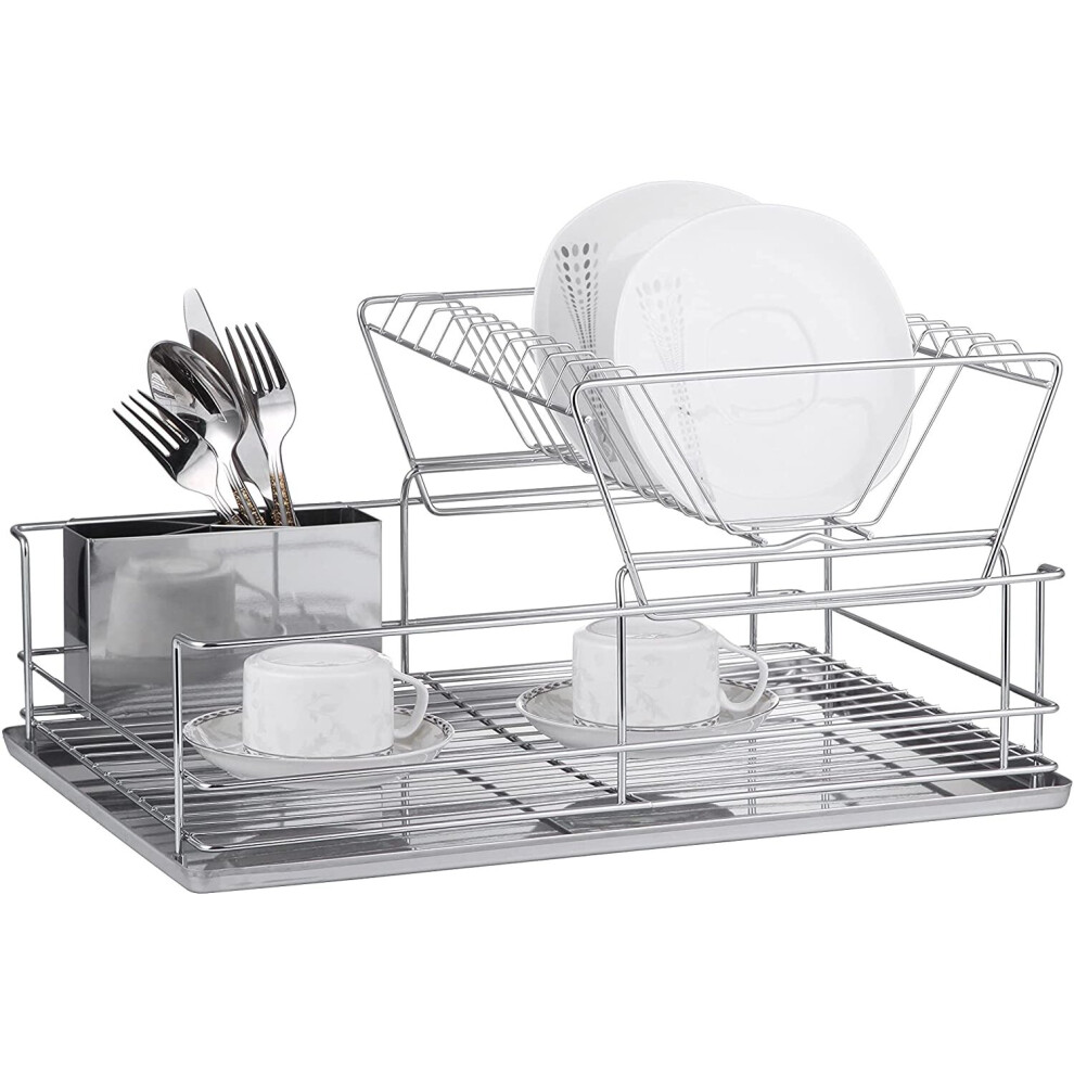 FurnitureXtra Stainless Steel Dish Drainer with Drip Tray and Cutlery Holder (2 Tier Steel)