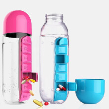 (Red) 650ml Sport Water Bottle with Built-in Daily 7 Daily Pill Box Organizer