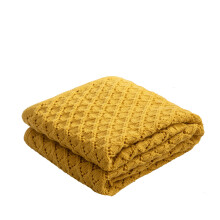 (Yellow) Knitted Diamond Hollow Throw Blankets  , Lightweight and Soft  Blanket for Sofa Bed, Solid Color Simple  Blanket Suitable for Women Men and Kids