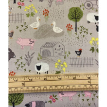 Fat Quarter Farmyard Piggy Tales On Mid Grey 100% Cotton Quilting Fabric